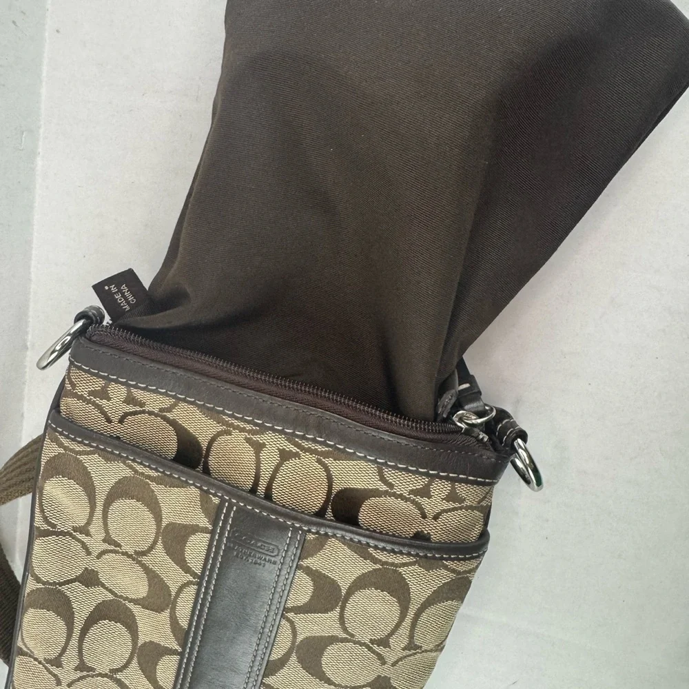 Coach Vintage Small Crossbody Bag Tan Logo Printed Canvas Brown Leather Accents.